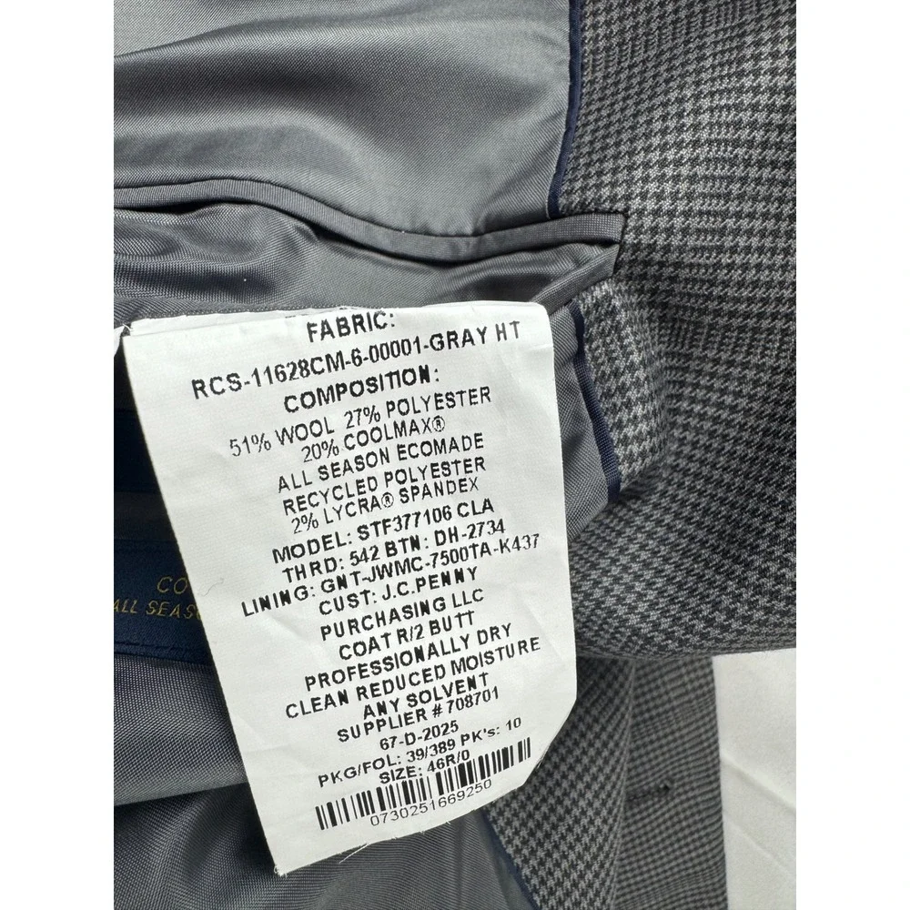 Stafford CoolMax EcoMade Gray Houndstooth Performance Wool Suit Jacket 46R NEW